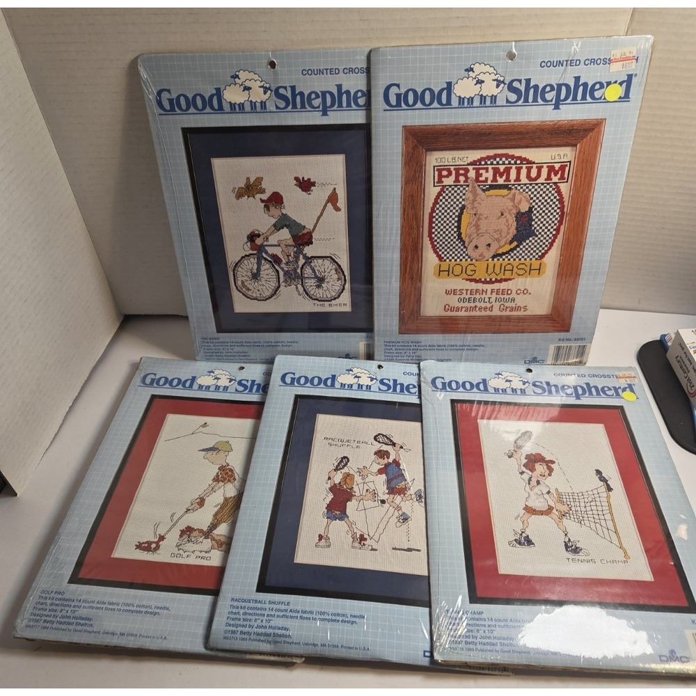Vtg Good Shepherd Tennis Golf Raquetball Biker Hog Counted Cross Stitch Lot Of 5